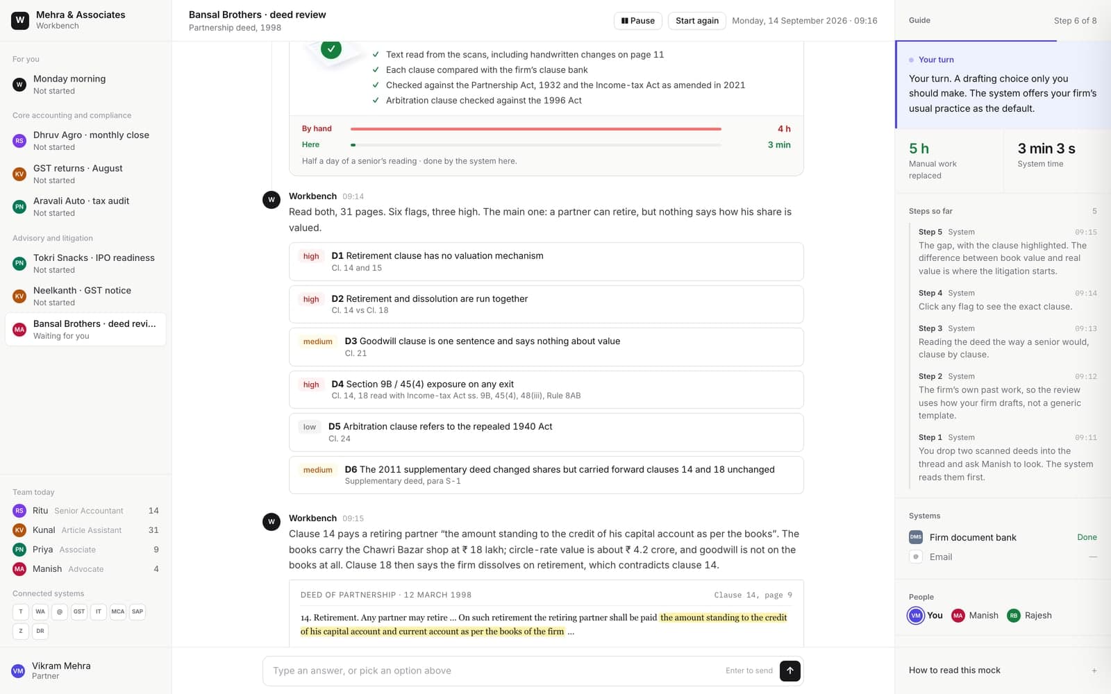 A partnership deed, reviewed against your own clause bank screen