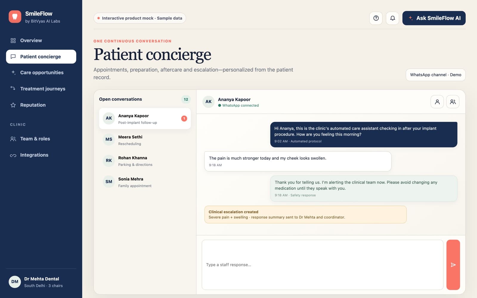 One continuous conversation per patient screen